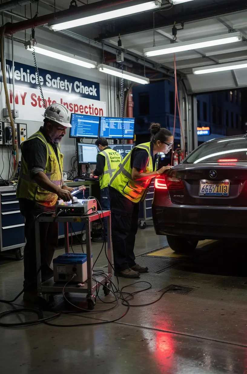 Close-up of a vehicle emissions testing device measuring exhaust levels to meet New York state regulatory standards.