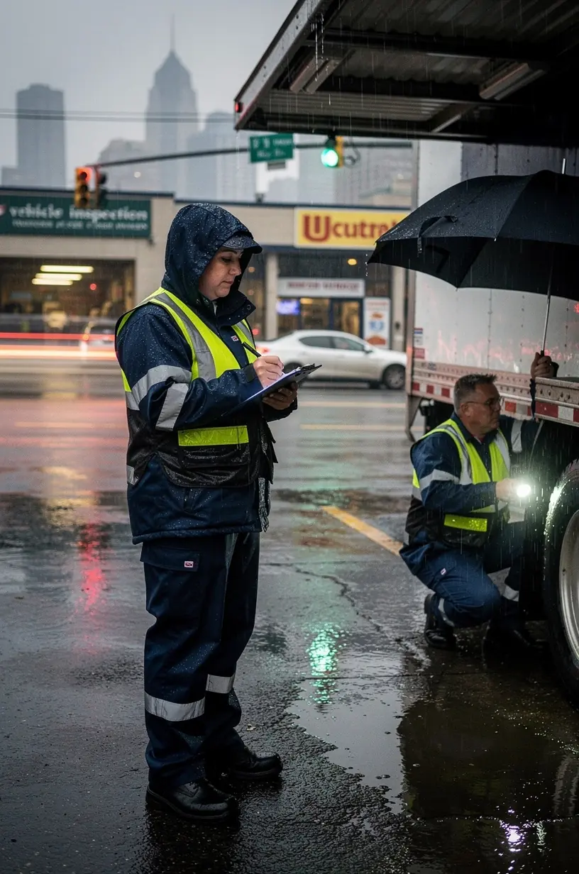 Mechanic explaining inspection results and regulatory requirements to a vehicle owner inside a well-equipped compliance facility.