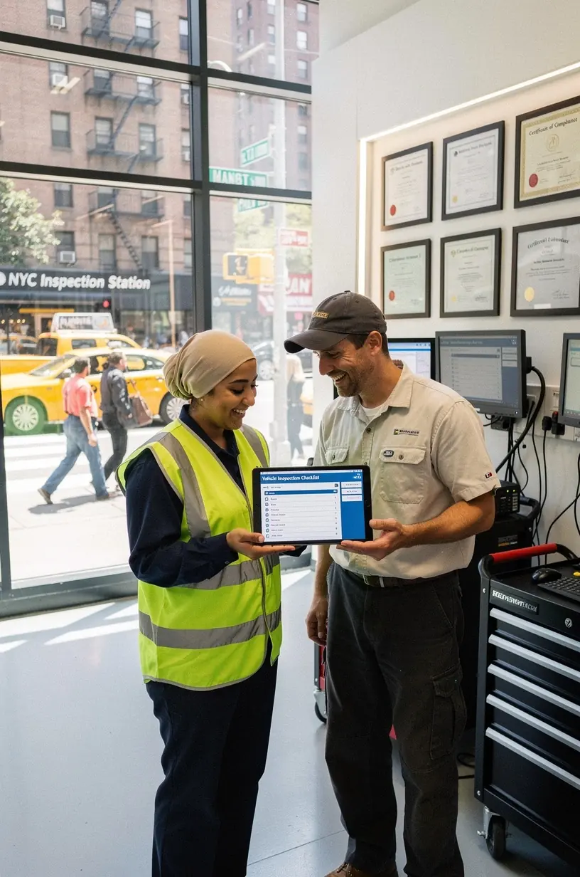 Detailed shot of inspection tools and equipment used to ensure vehicles meet New York’s safety and environmental guidelines.
